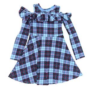 FabKids Girls Plaid Cold Shoulder Ruffle Dress Size L 10/12 Red Blue Tartan
